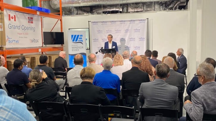Vitux Group CEO Klaus Neumann addresses attendees at the opening of the new facility in Windsor, Ontario. Image courtesy of Vitux 