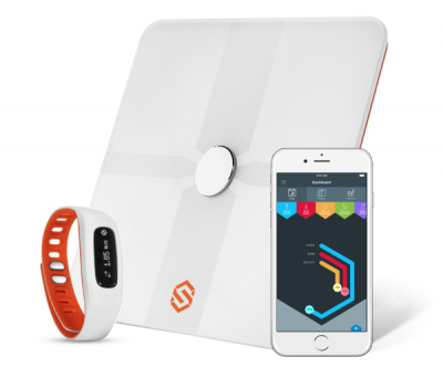 A set including activity tracker, wireless scale, and personalized supplements by STYR Labs.