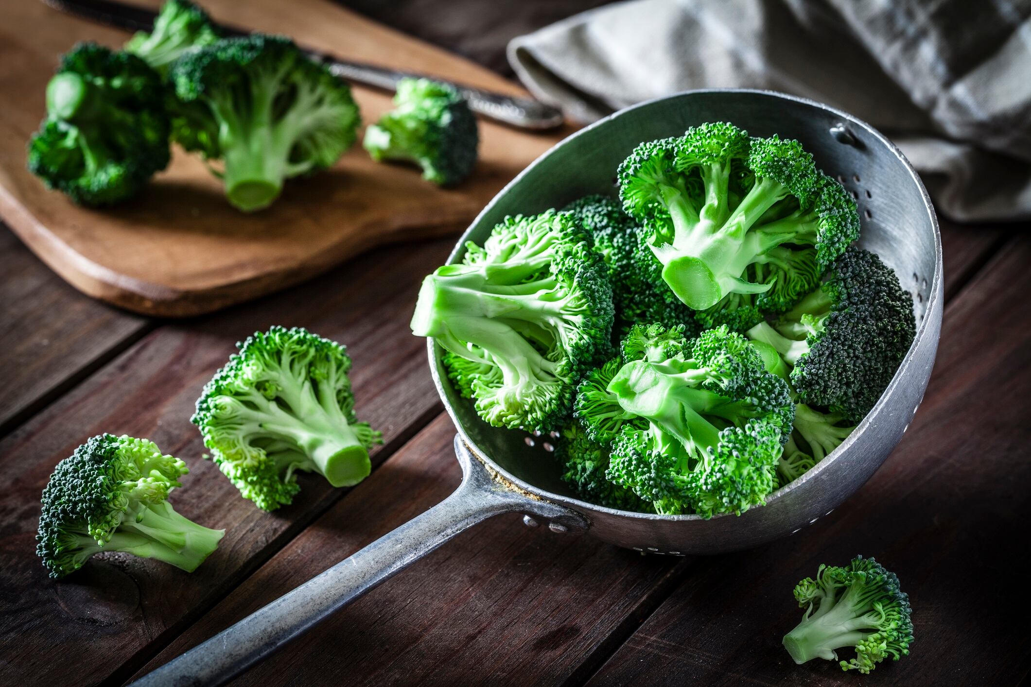 Broccoli in an old metal colander