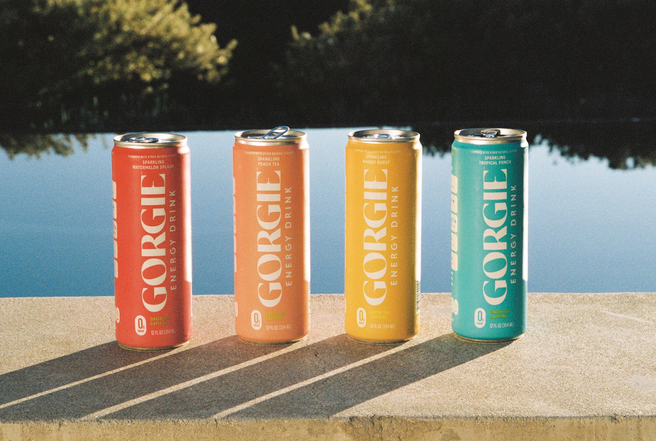 Line up of Gorgie's flavors in watermelon, peach, mango and tropical punch