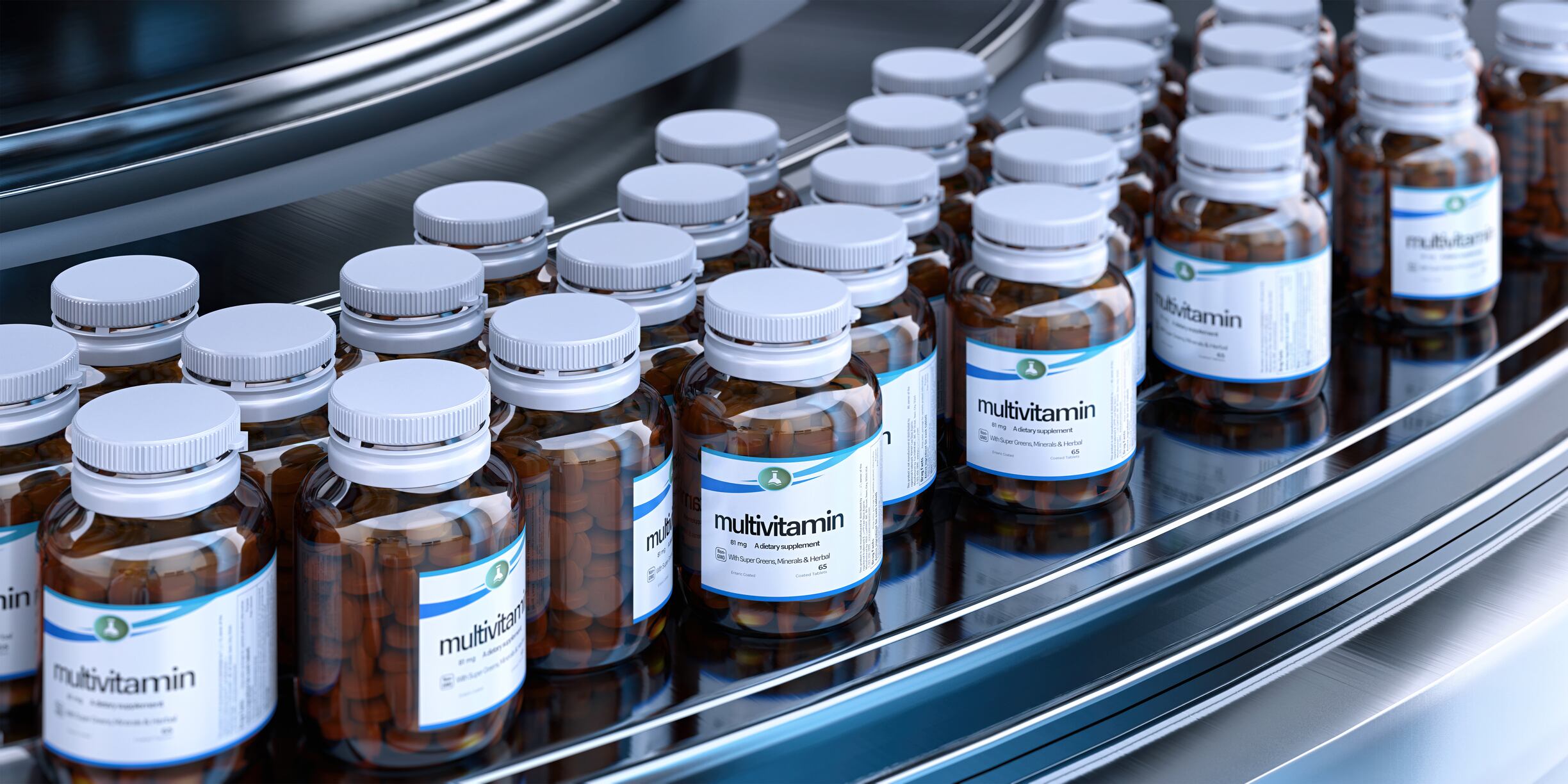 A conveyor belt with bottles of multivitamins. Medications production line, quality checks. Modern pharma factory, vitamins minerals pharmaceutical manufacturing proccess. Healthcare, pharmacology 3D illustration