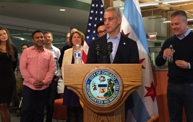 Mayor Rahm Emanuel addresses the press and SPINS employees at Friday's official ribbon cutting. Image © S. Daniells
