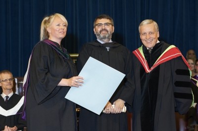 From left to right: Colleen McQuarrie, Chair, Board of Governors, CCNM; Dr. Michael Smith, Honorary Degree Recipient; Bob Bernhardt, PhD, President & CEO, CCNM.