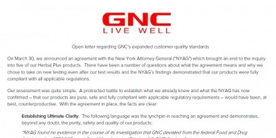GNC responds to industry questions about its NY AG deal with open letter from CEO
