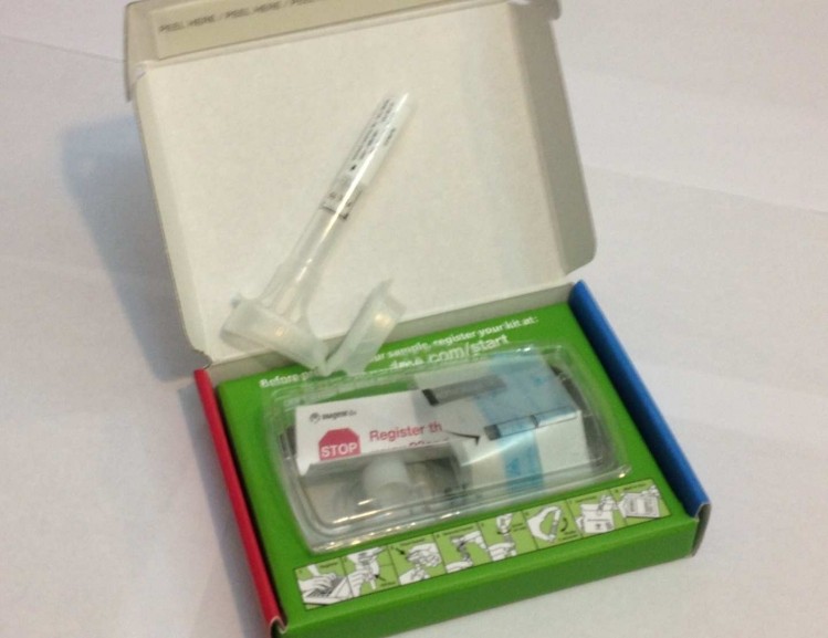 A 23andMe personal genetic testing kit based on a saliva sample.  The process takes no more than 45 minutes, from opening the package to mailing off the sample.