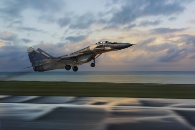 Stock photo of a Russian MiG-29 fighter plane taking off. ©Getty Images - guvendmir